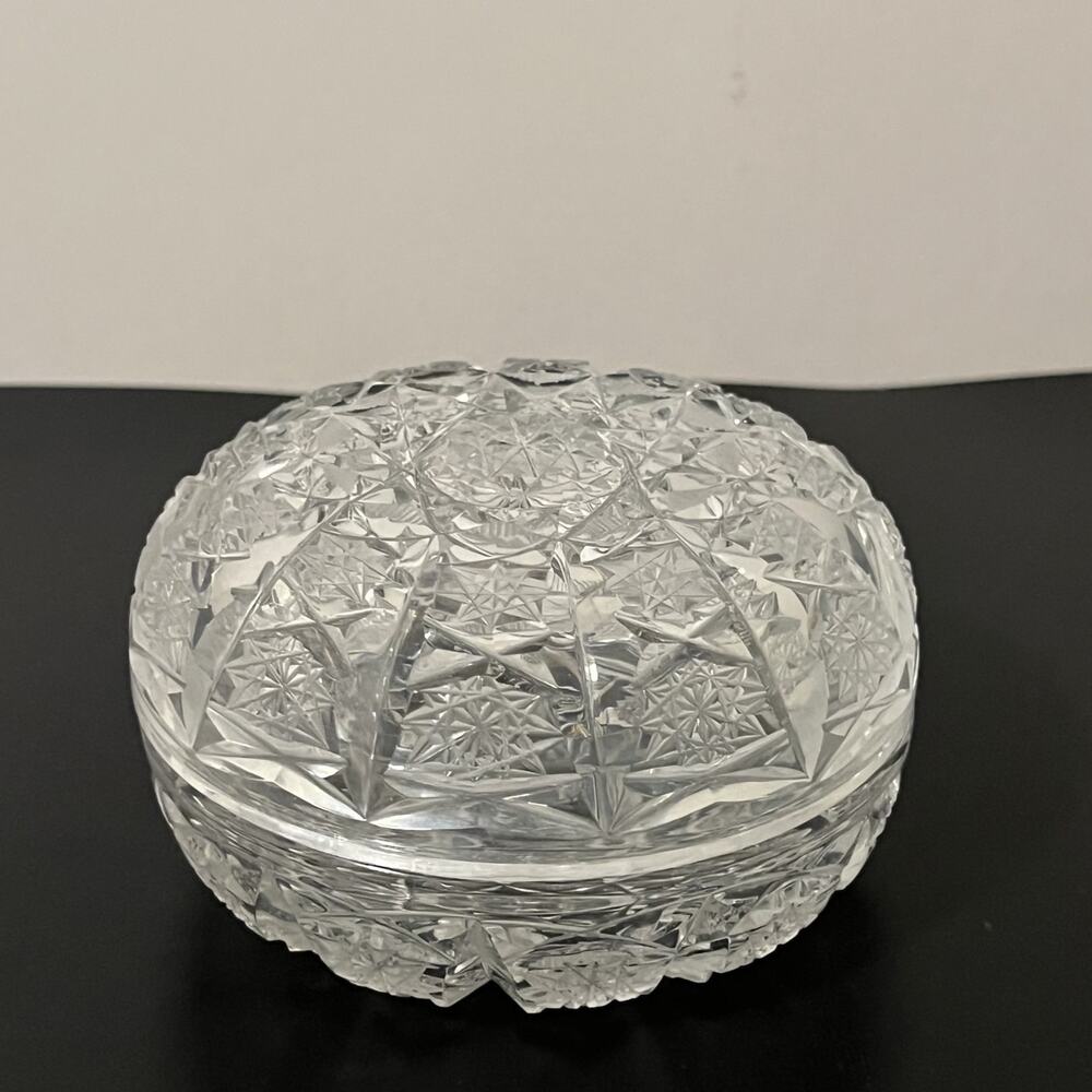 Cut Lead Crystal Powder Jar Lidded Bowl Geometric Starburst Pattern